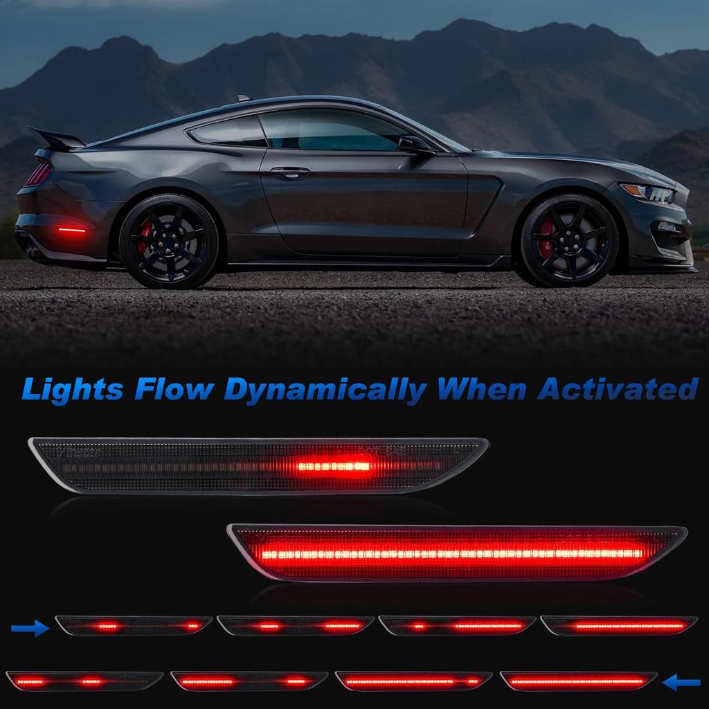 LED Side Marker Lights Compatible with 2015- Mustang S550 GT, Rear Dynamic Startup Side Markers, Rear Fender Markers Lamps Assembly, Smoked Len Red