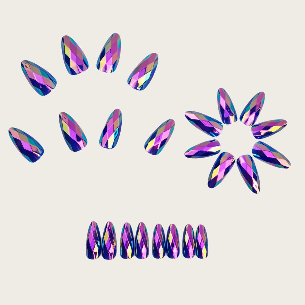Purple Iridescent 3D Electroplated Rhombus Glossy Almond False Nails