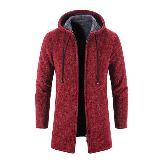 Men Knitting Coat Hooded Drawstring Long Sleeve Solid Color Jacket Zipper Placket Mid-length Warm Winter Jacket