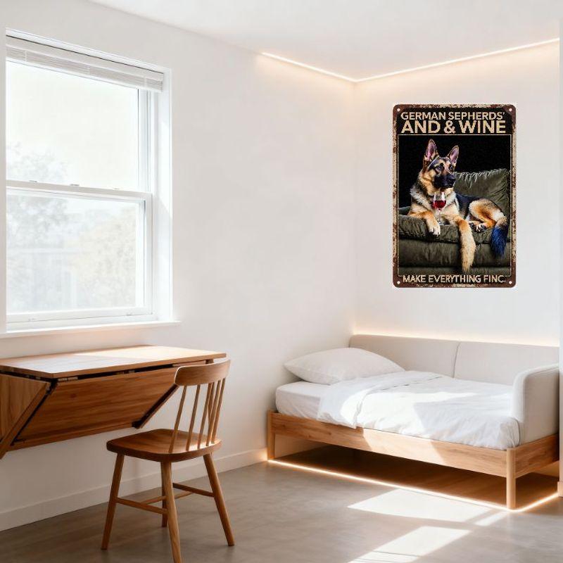 Vintage Rustic German Shepherd Dog Metal Tin Sign, Weathered Border, Glass of Wine On Green Chair, 'GERMAN SHEPHERDS AND WINE' &