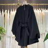 Black Round Neck Woolen Coat for Petite Women - Winter Style with Lantern Sleeves and Fitted Waist