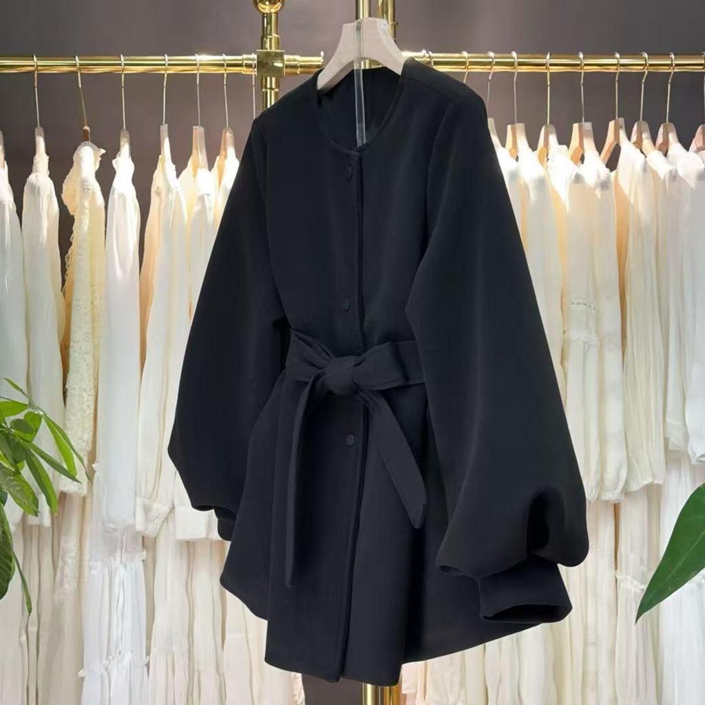 Black Round Neck Woolen Coat for Petite Women - Winter Style with Lantern Sleeves and Fitted Waist