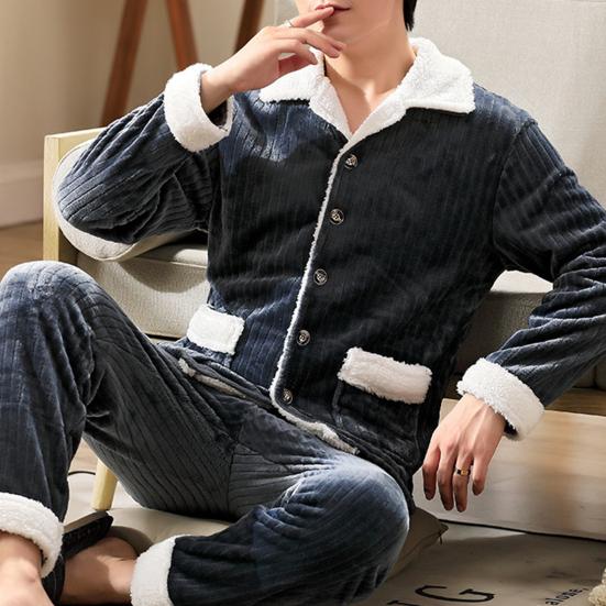 2 Pcs/Set Men Winter Pajamas Set Lapel Thick Striped Single-breasted Loose Elastic Waist Warm Soft Pockets Solid Color Men Homewear Top Pants Set