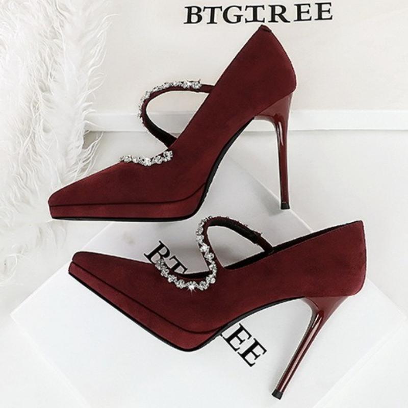 Fashion High Heels 10.5cm Women's Pumps Stiletto Suede Pointed Toe Waterproof Platform Ladies Banquet Rhinestone Decoration Single Shoes