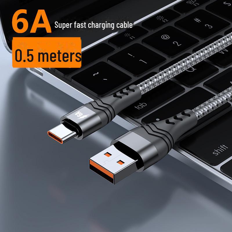 

6A сверхбыстрый кабель Type-C с нейлоновой оплеткой для устройств Huawei, Samsung, Android мощностью 100 Вт 0.5m чёрный