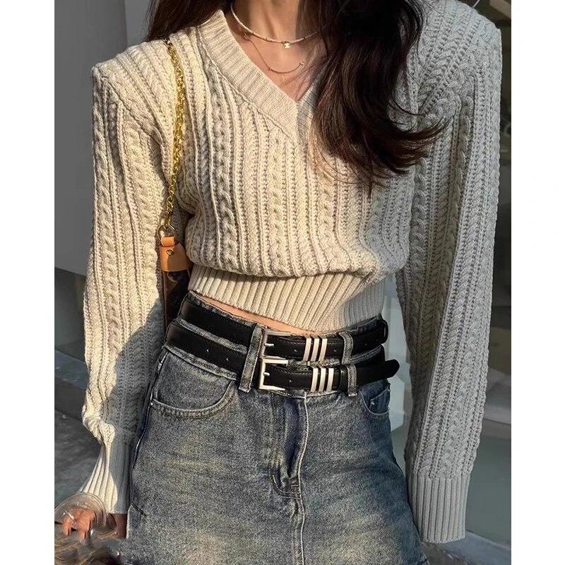 Herbst Gestrickte Twist Pullover Koreanische Mode V-ausschnitt Frauen Abgeschnitten Pullover Casual Pullover Schulter Gepolsterte Langarm Tops 28836