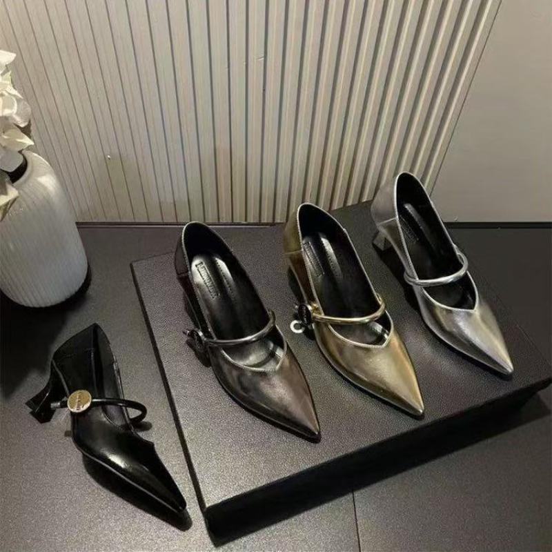 Pointed-toe High-heeled Women's Thick-soled Anti-slip New Soft Leather Mid-heeled Shoes