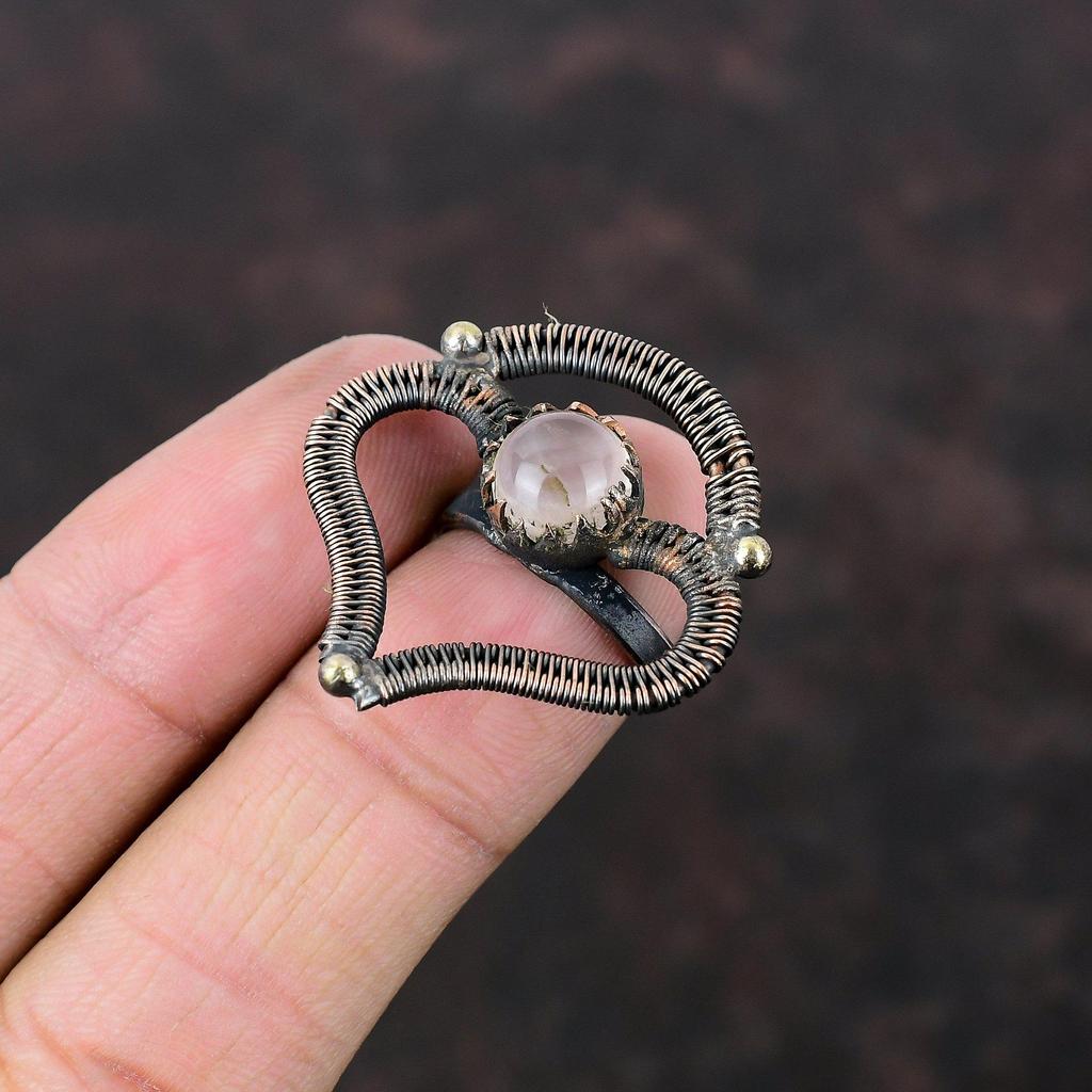 Rose Quartz Ring Copper Wire Wrapped Ring Adjustable Ring Handmade Copper Jewelry Original Gemstone Ring Wire Wrap Jewelry Gift For Wedding