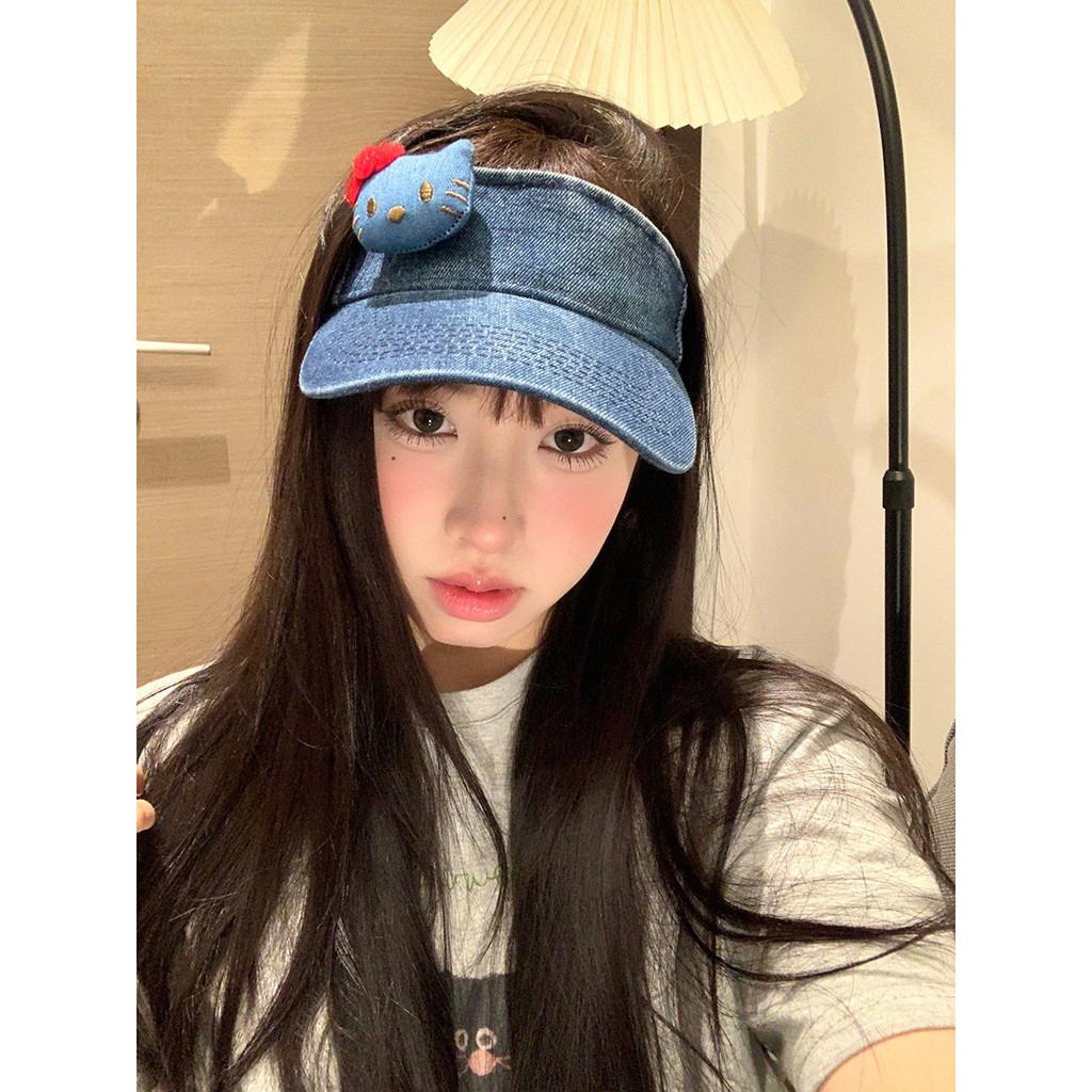 Stylish Adjustable Sun Hat With Cute Cartoon Cat Print Breathable Denim Cap