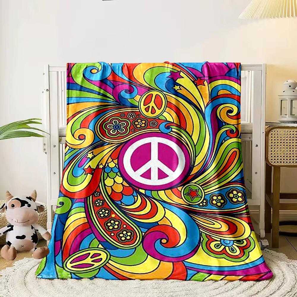 Colorful Hippie Peace Sign Art Blanket Flannel Blanket for Bedroom, Living Room, Sofa, and Nap Sofas.