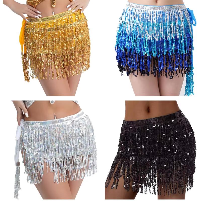 Sequins Belly Dance Skirt Tassel Chain Belt Wrap Party Club Indian Latin Hula Dancer Performance Hip Waist Scarf