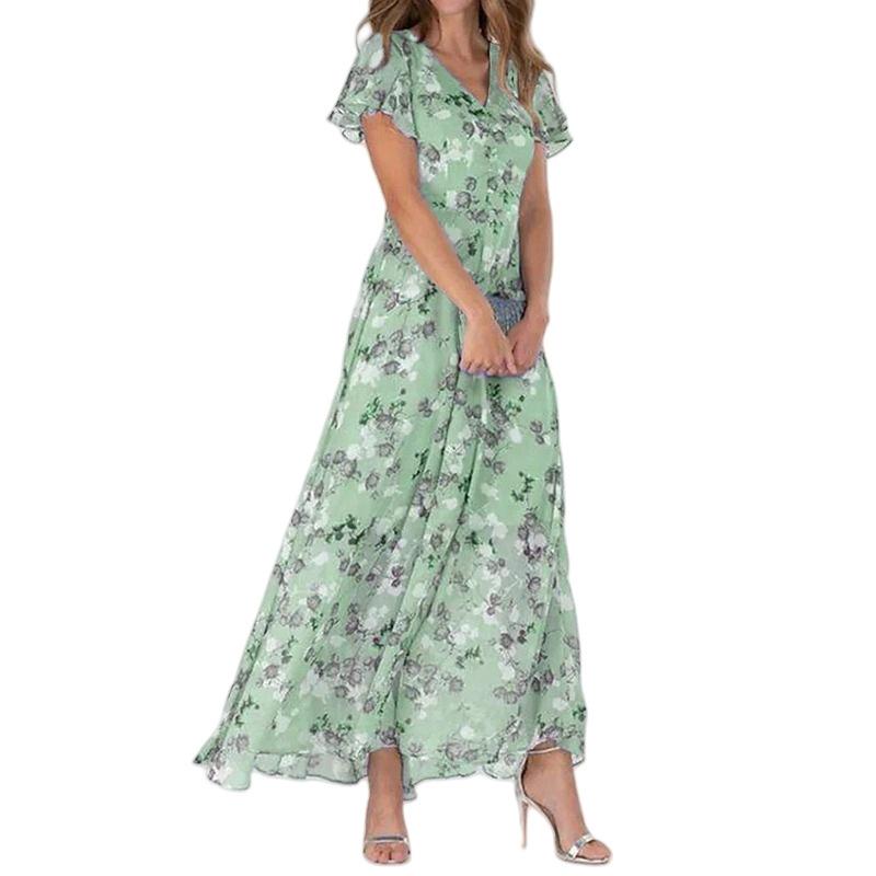 Summer long dress V-neck short-sleeved printed chiffon dress elegant temperament