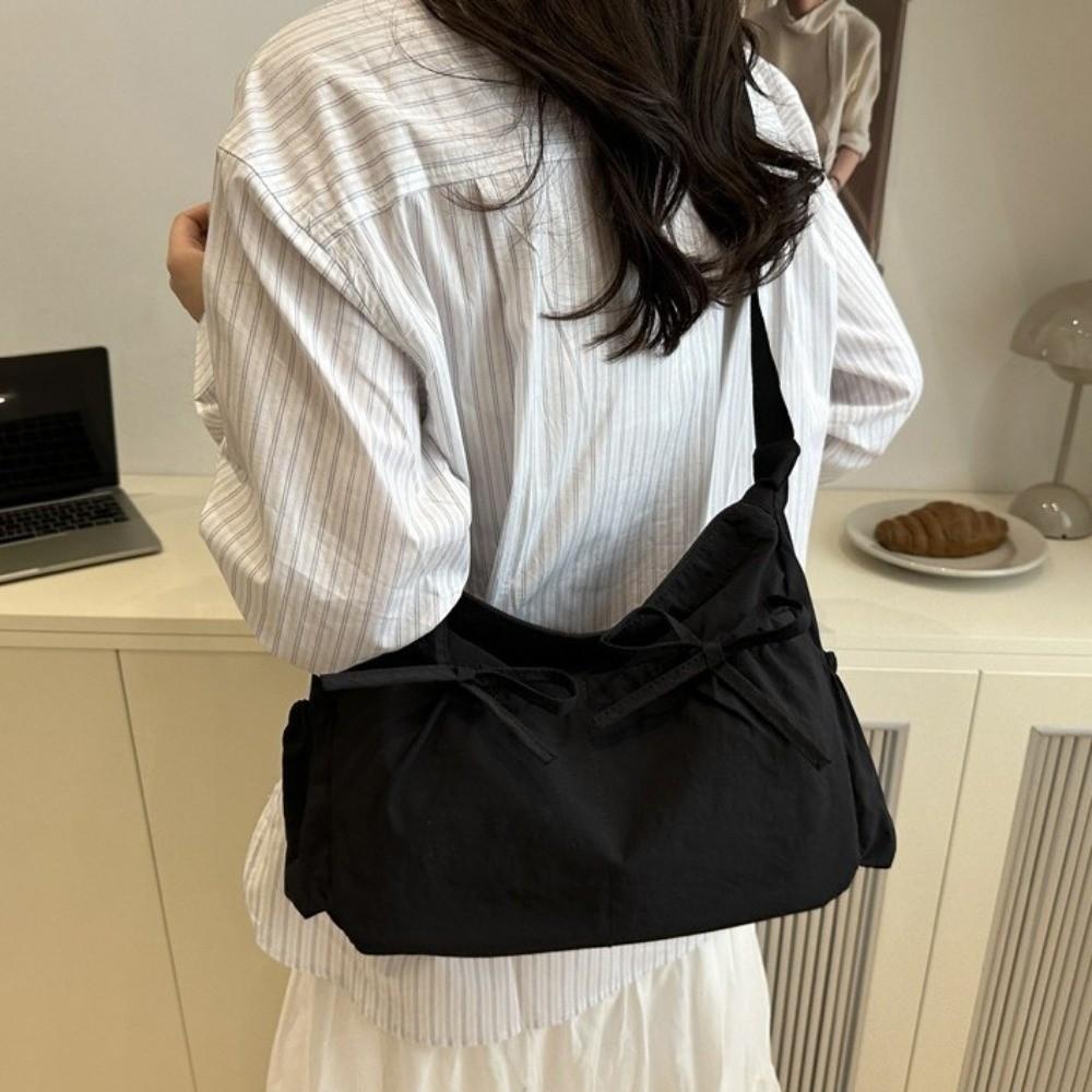 Pleated Nylon Shoulder Bag Multiple Pockets Hobo Bag Sweet Bow Crossbody Bag Women
