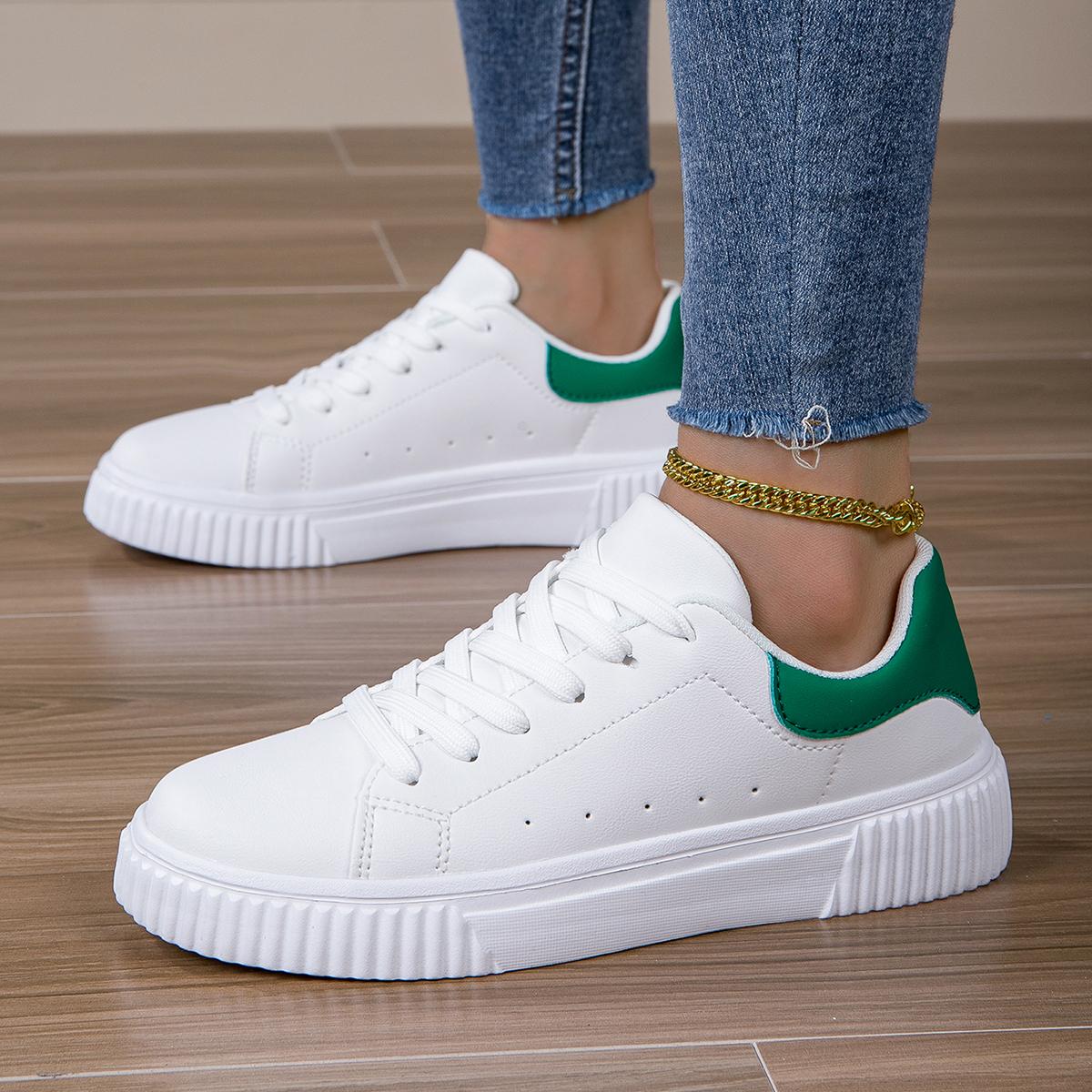 

TUINANLE Женская повседневная обувь Дышащая кожаная обувь для скейтбординга Парная обувь на платформе Нескользящая 36 белый/зелёный
