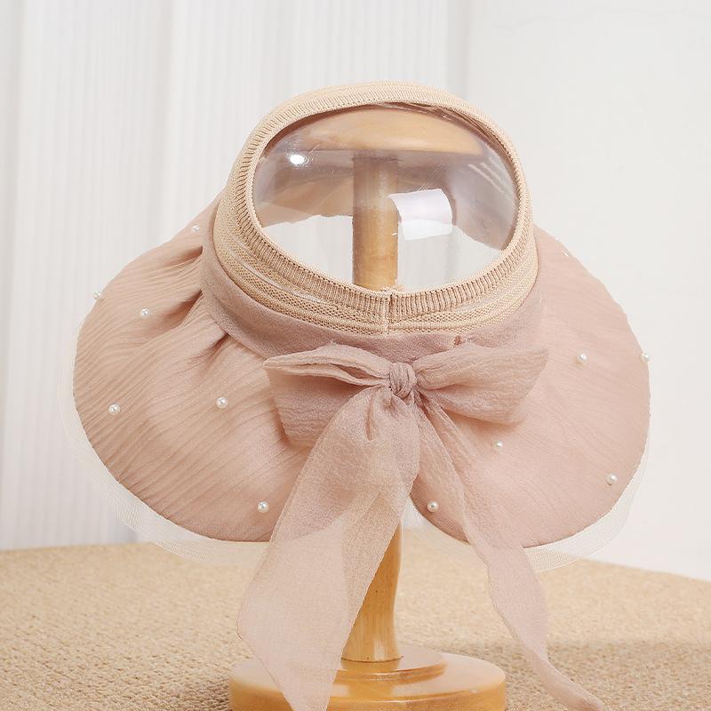 New splicing bow pearl empty top hat women's spring and summer mesh sunscreen hat big brim sweet sunshade sun hat