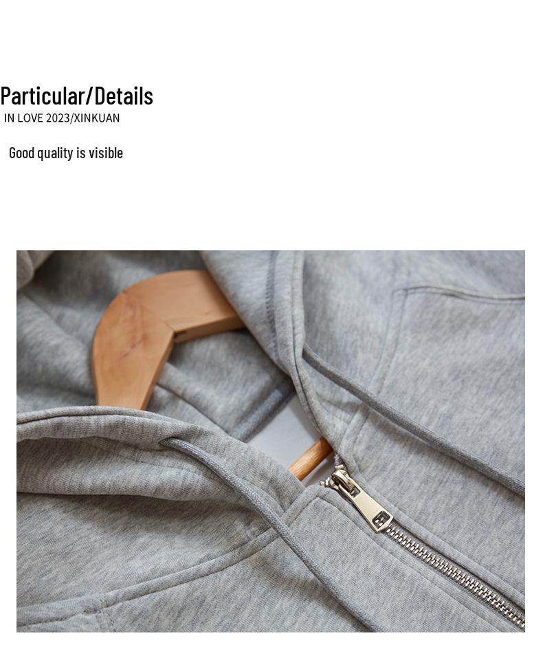 Women's Grey Hooded Sweatshirt: Autumn/Winter 2025 Loose Fit, Korean Style, Plus Velvet, Versatile American Retro Cardigan.