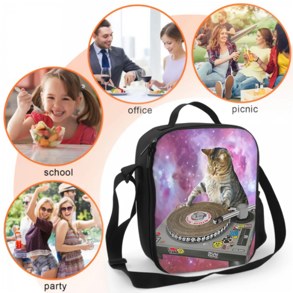 Funny Cat DJ Insulated Lunch Box Leakproof Portable Lunch Bag with Adjustable Shoulder Strap Reusable Cooler Tote Bag for Picnic