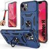 Case and Tempered Glasses - iPhone 14 - Navy Blue - Shockproof - Integrated Stand - Sliding Cover