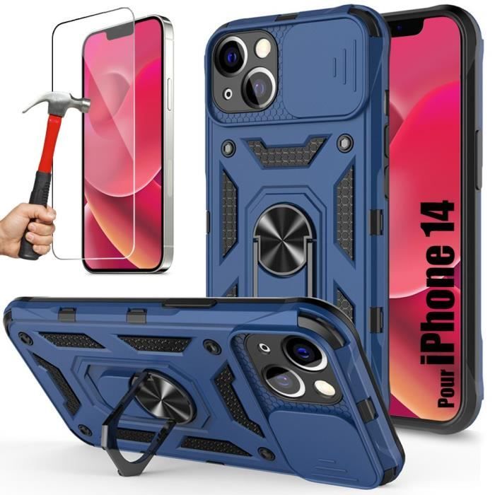 Coque et Verres Trempés - iPhone 14 - Bleu Marine - Antichoc - Support Intégré - Couvercle Coulissant