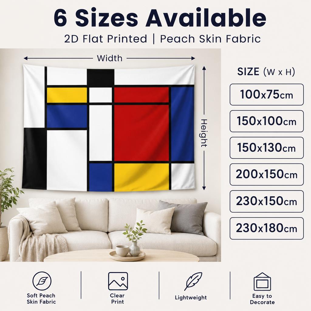 Mondrian Style Modern Abstract Tapestry 2D Flat Printed Peach Skin Geometric Wall Hanging Living Room Bedroom Home Art Backdrop