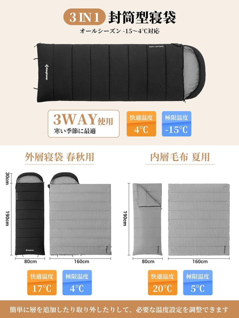 KingCamp Sleeping Bag, Envelope Type Blanket, Blanket for Adults, Breathable, Warm, Compact, All Seasons, Comfortable Temperature 0℃~4℃, Fully