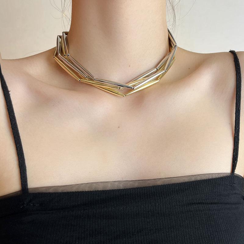 Simple Cold Wind Metal Tube Splicing Necklace Fashion Niche Temperament Collarbone Chain Personality Light Luxury High-end Jewelry