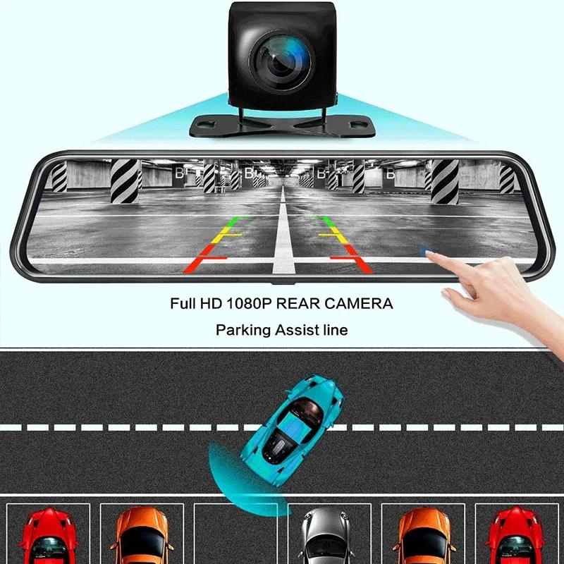 10'' Touch Screen Car Stream Media Dashcam DVR 1080P Dual Lens IPS Rearview Mirror Dash Camera Night Vision Video Recorder