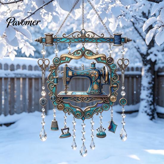 Indoor And Outdoor Hanging Ornament Vintage Sewing Machine Crystal Wind Chime, Acrylic Suncatcher, Pastoral Style Home Decor Colorful Pendants
