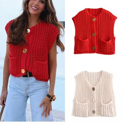 Fashion Solid V-neck Knitted Vest Women Spring Summer Sleeveless Single Breasted Pockets Vests Female High Street Chic Tops