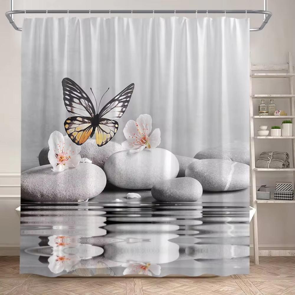 Zen Shower Curtain Natural Flowers Butterfly Grey Stone Reflection Spa Scenery Home Bathroom Decor Polyester Fabric Bath Curtain