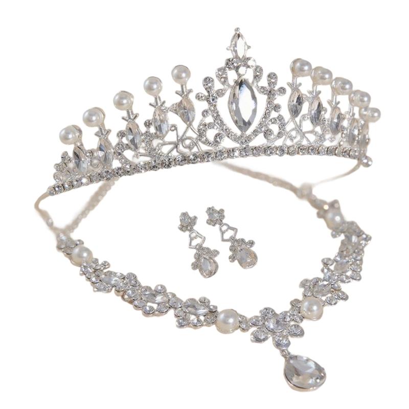 Sparkling Crystal Bridal Jewelry Necklace Set Featuring Marquise Cut Stones Imitation Pearls Suitable for Formal Wear