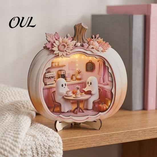 LED Lighted Fall Home Decor Halloween Ghost Pumpkin Wooden Plaque, 2D Flat Tabletop Sign, Indoor Centerpiece Spooky Bathing Reading Ornament