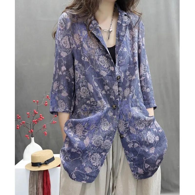 Women s Floral Print Linen Blend Notched Lapel Three-Quarter Sleeve Loose Fit Casual Blazer Jacket M
