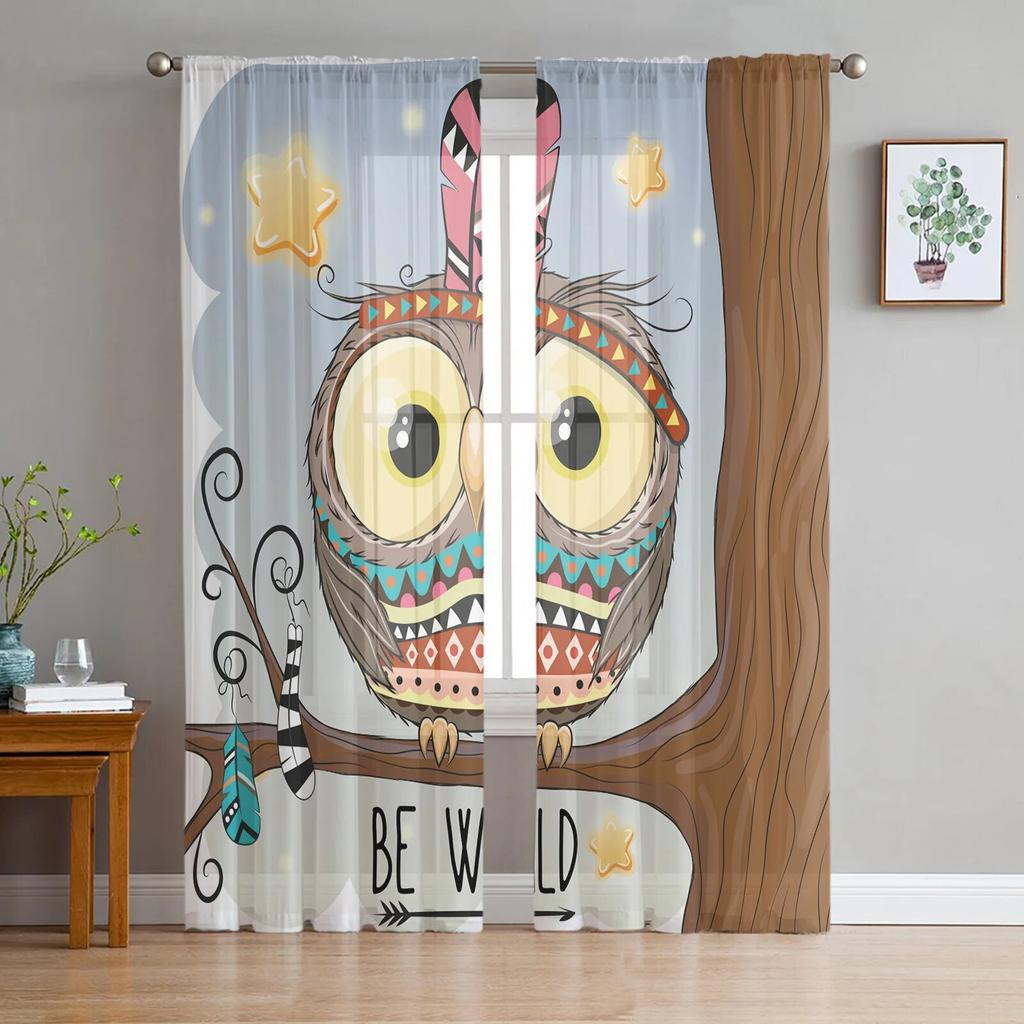 Cartoon Kid Cute Owl Sheer Curtain for Bedroom Tulle Voile Curtain for Kitchen Living Room Decor Window Treatment