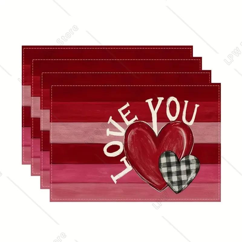 

4pc Valentine s Day Placemat Pink Heart-shaped Dining Table Tea Table Decoration Anti Fouling and Heat-insulating Tablecloth 4 PCS 12x18inch