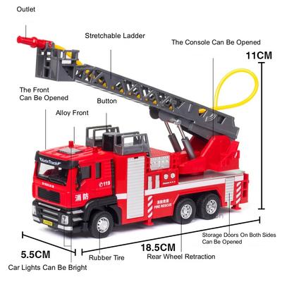 1/50 Alloy Diecast Car Model Toy Fire Engine Metal Vehicle Body Simulated Water Spray Light Sound With Pull Back Children's Toys