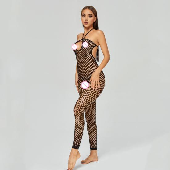 Kombinezon damski z dekoltem halter, wycięciem na plecach, siateczką, bez rękawów, dopasowany krój, bielizna nocna