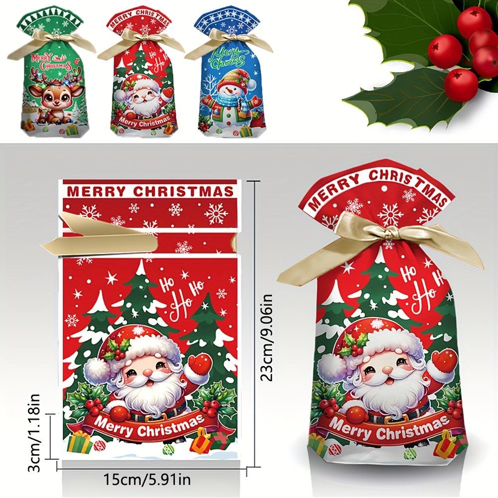 50pcs Christmas Drawstring Gift Bags, Festive Cartoon Reindeer, Santa, Snowman Designs, Plastic Party Favor Pouches with Ribbons for Holiday Presents