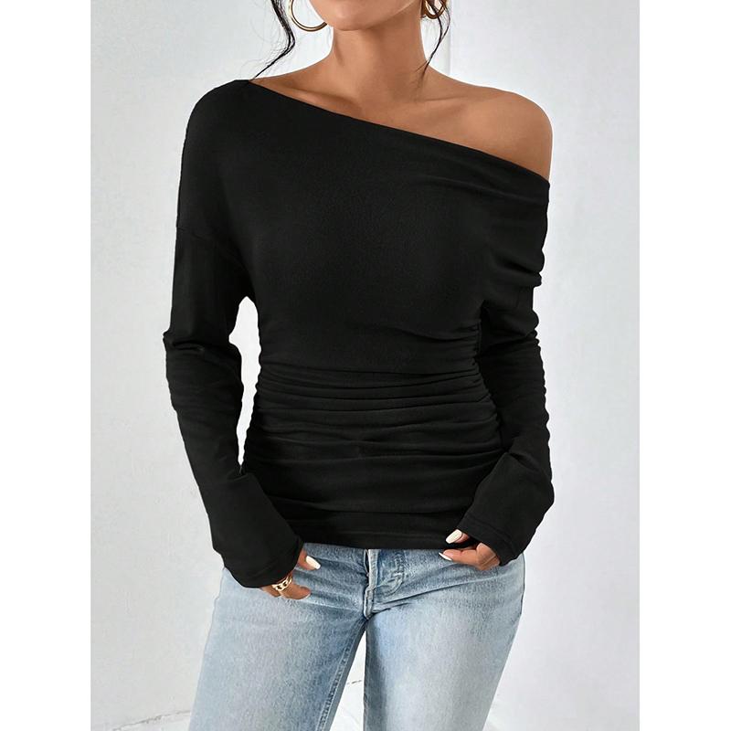 Sexy Off Shoulder Long Sleeve T Shirt Women Solid Color Casual Slim Top Lady Spring Autumn Basic Tees Korean Style Youth Blouses