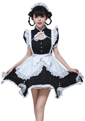 Kostium Gothic Lolita Służka YZZYQQ z Opaską, Styl Chiński, Krótki Rękaw, Czarny, Rozmiar 2XL