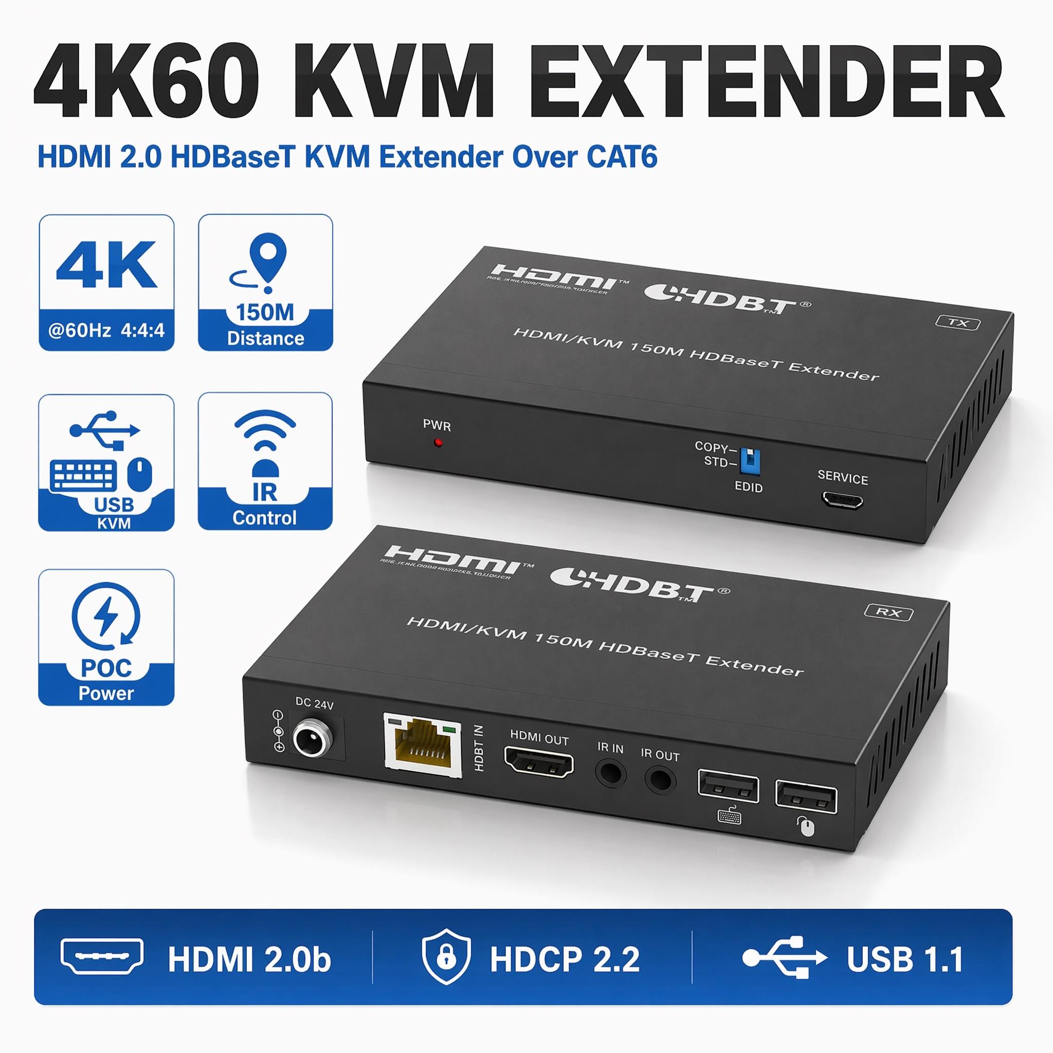 4K 60Hz 120M HDMI KVM Extender Over RJ45 Ethernet Cat6 Cable HDMI USB Extender Transmitter Receiver for Camera Mouse Keyboard EU Power Plug