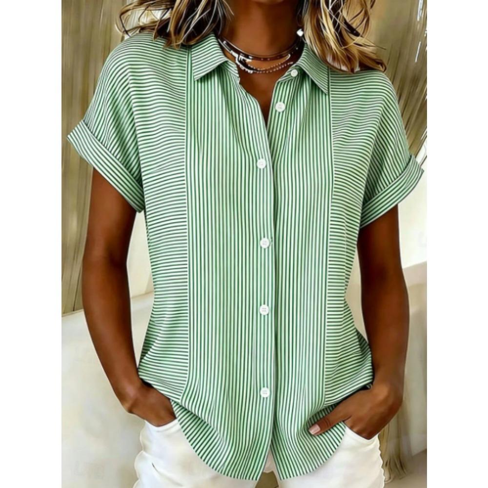 Women's Shirt Short Sleeve Shirt Button Down Blouse Striped Pattern Printed Daily Casual Collar Regular Tops Daily  Summer Spring