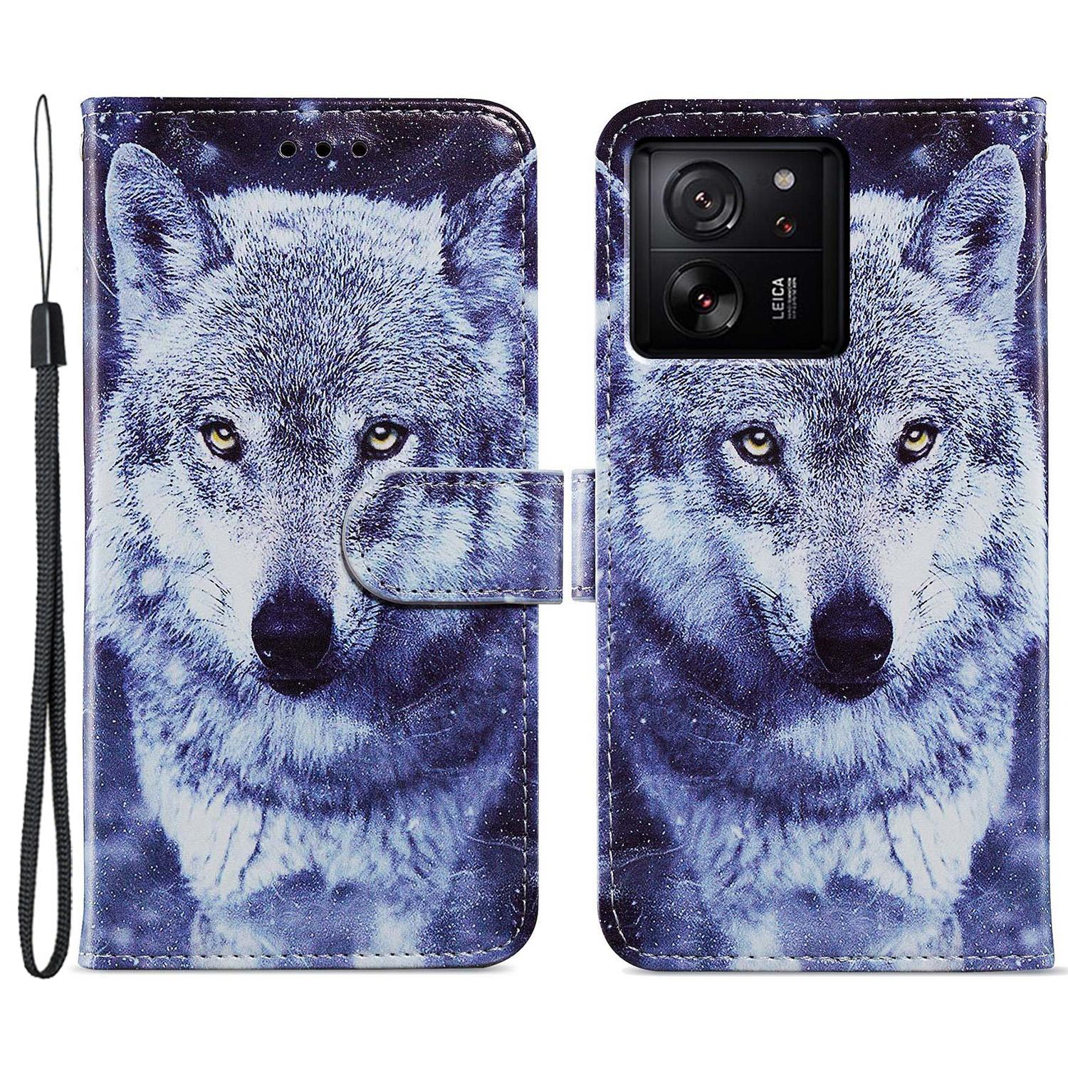 

Для Xiaomi 13T/13T Pro/Redmi K60 Ultra Чохол Художня Підставка Шкіряний Чохол-Гаманець White Wolf