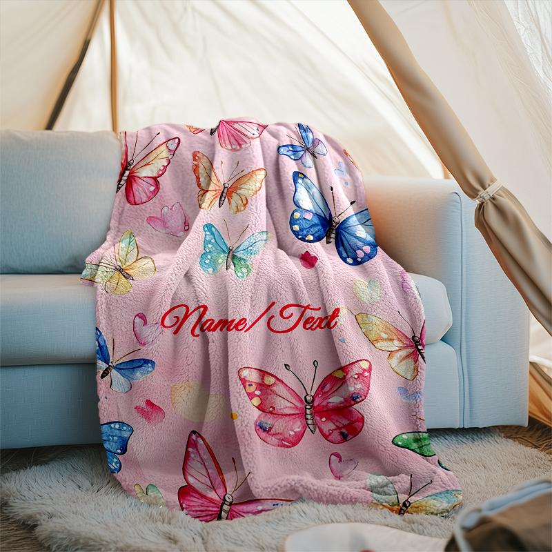1PC Custom Name Butterfly Dreams Pink Background outdooor Flannel blankets Throw Blanket All-Season Throw Gift Bedspread for Couch, Bed, Camping Holid