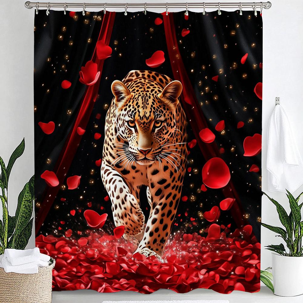 1Pc Red Rose, Flowers And Leopard Print Waterproof Shower Partition Privacy Hanging Curtain With Hooks Machine Washable