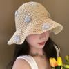 Seaside Flower Straw Hat Women Summer Foldable Sunscreen Sunshade Bucket Hat Vacation Wind Travel Hollow Woven Hat