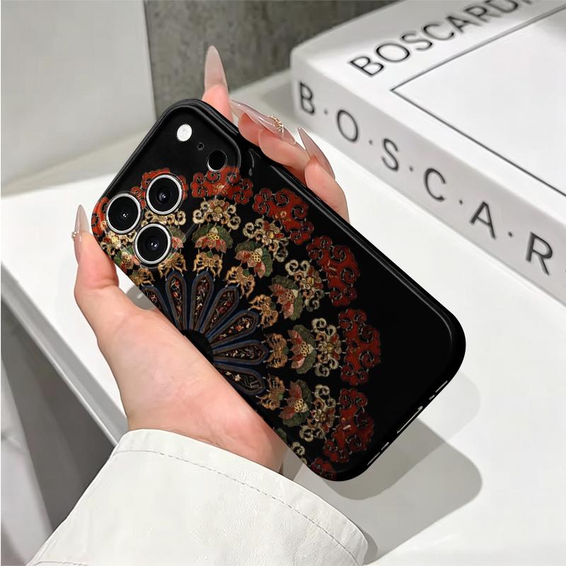 Vintage Oriental Fan Motif Colorful Ethnic Pattern Art Film Aesthetic Protective Shockproof Bumper Case Cover For iPhone 14 15 16 Pro Max Plus