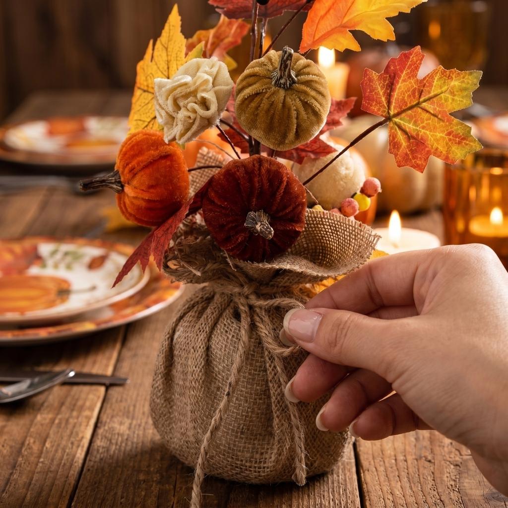 Artificial Pumpkin Floral Arrangement Tabletop Decoration with Burlap Base Fall Harvest Centerpiece for Home Office Seasonal Display