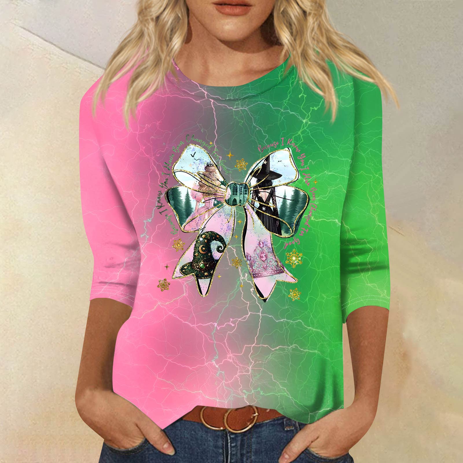 

Женский модный повседневный топ с принтом, рукавом три четверти и круглым вырезом XXXL