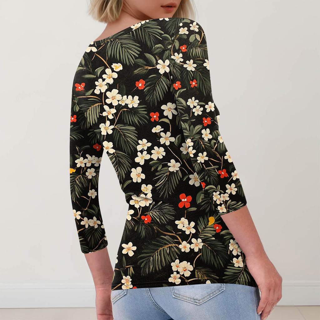 Women's Slim Bottom T-shirt Fashion Casual  Printed Round Neck Pullover Seven Sleeve Top